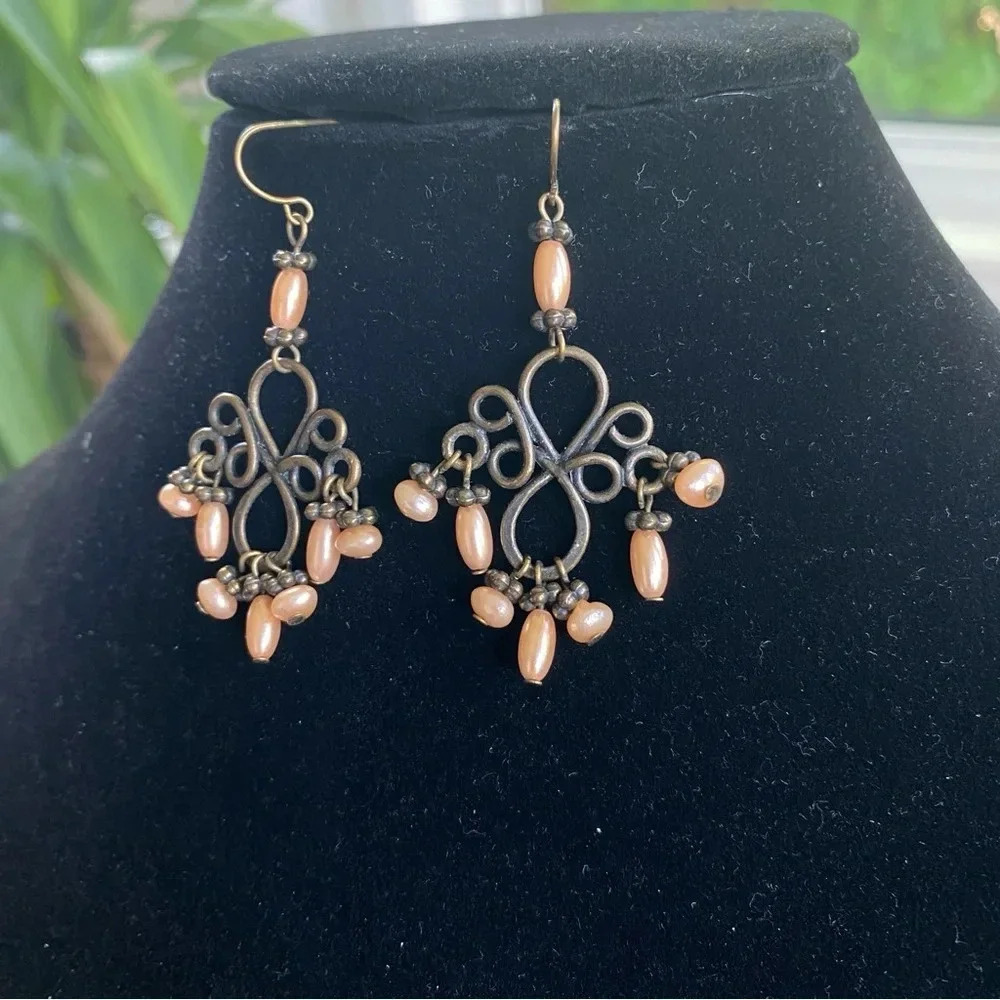 Peach Colored Ornate Antiqued Chandelier Looking Dangle Earrings